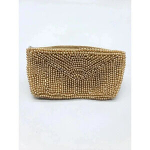 Faux Pearl Bead Beaded Beige Clutch Vintage Purse 6.5"